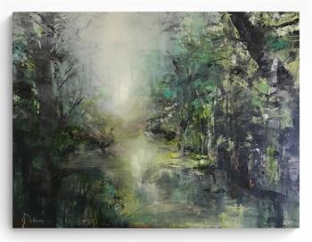 impressionist painting of a misty forest landscape