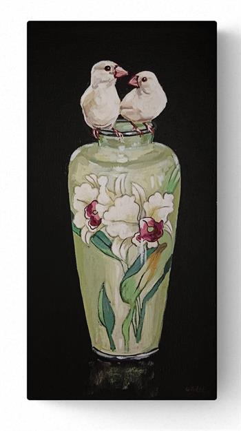 small painting of a pair of birds perched on an ornate vase