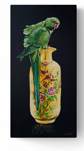 small painting of a green parrot perched on a yellow vase
