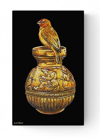 small painting of a yellow bird perched on an ornate vase