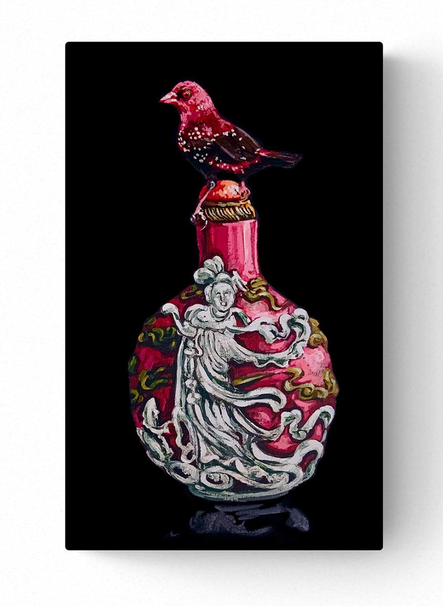 painting of a small red bird perched on an ornate vase