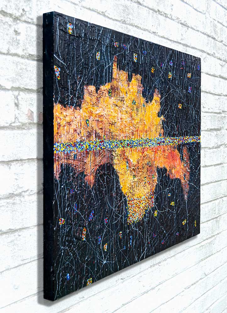 textured painting resembling a map of the world