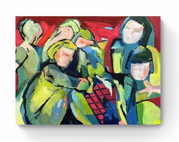 small painting of a group of young woman confiding in others