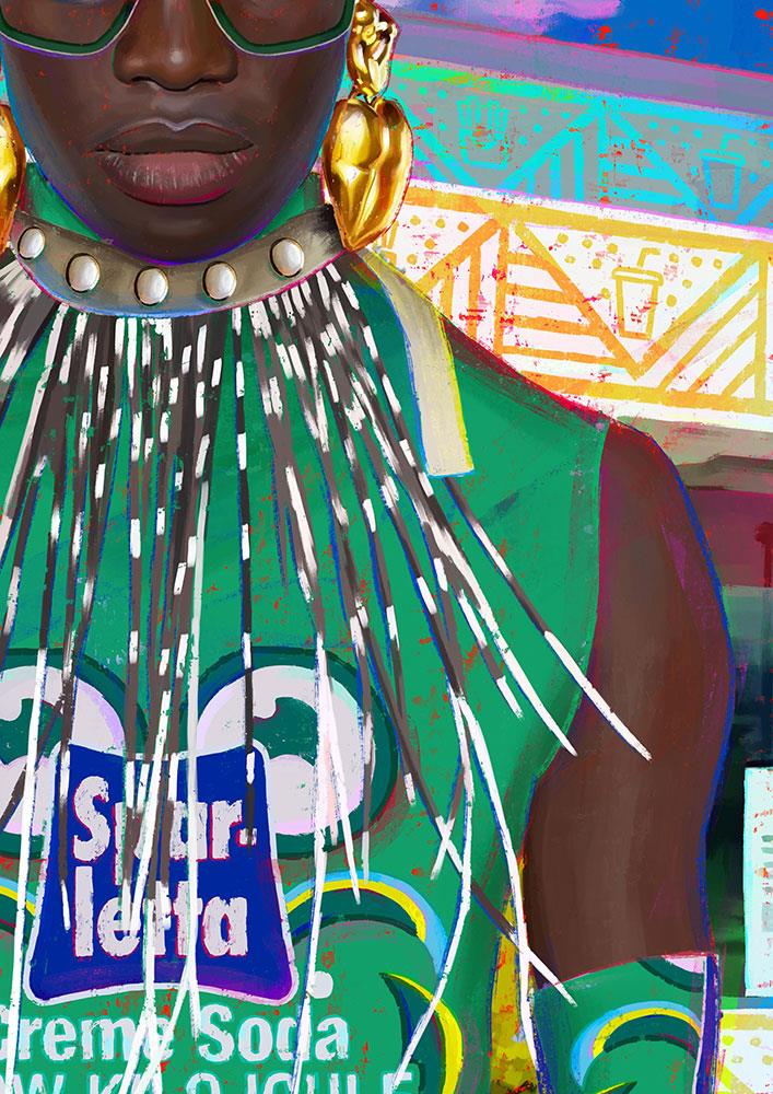 digital painting of an African man standing outside McDonalds