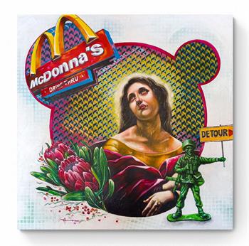 pop art painting for a Madonna with a McDonalds logo
