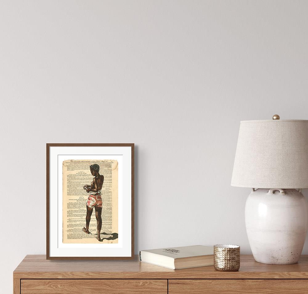 art print of a young African woman getting dressed