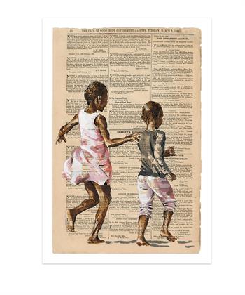 reproduction print of an artwork of two children painted on old newspaper