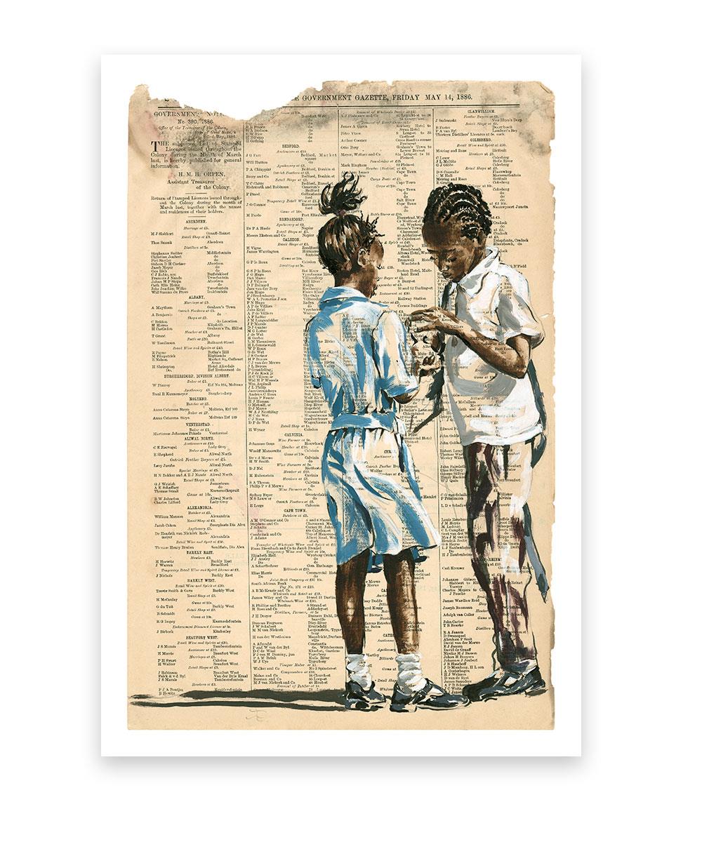 print of a painting of two school children trading sweets