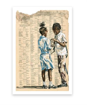 print of a painting of two school children trading sweets