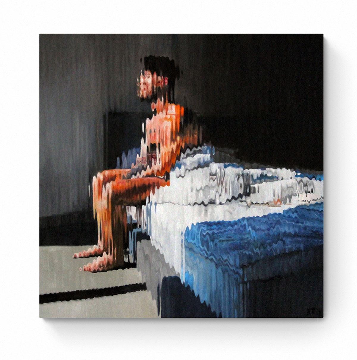 oil painting of a young man seated on the edge of his bed 