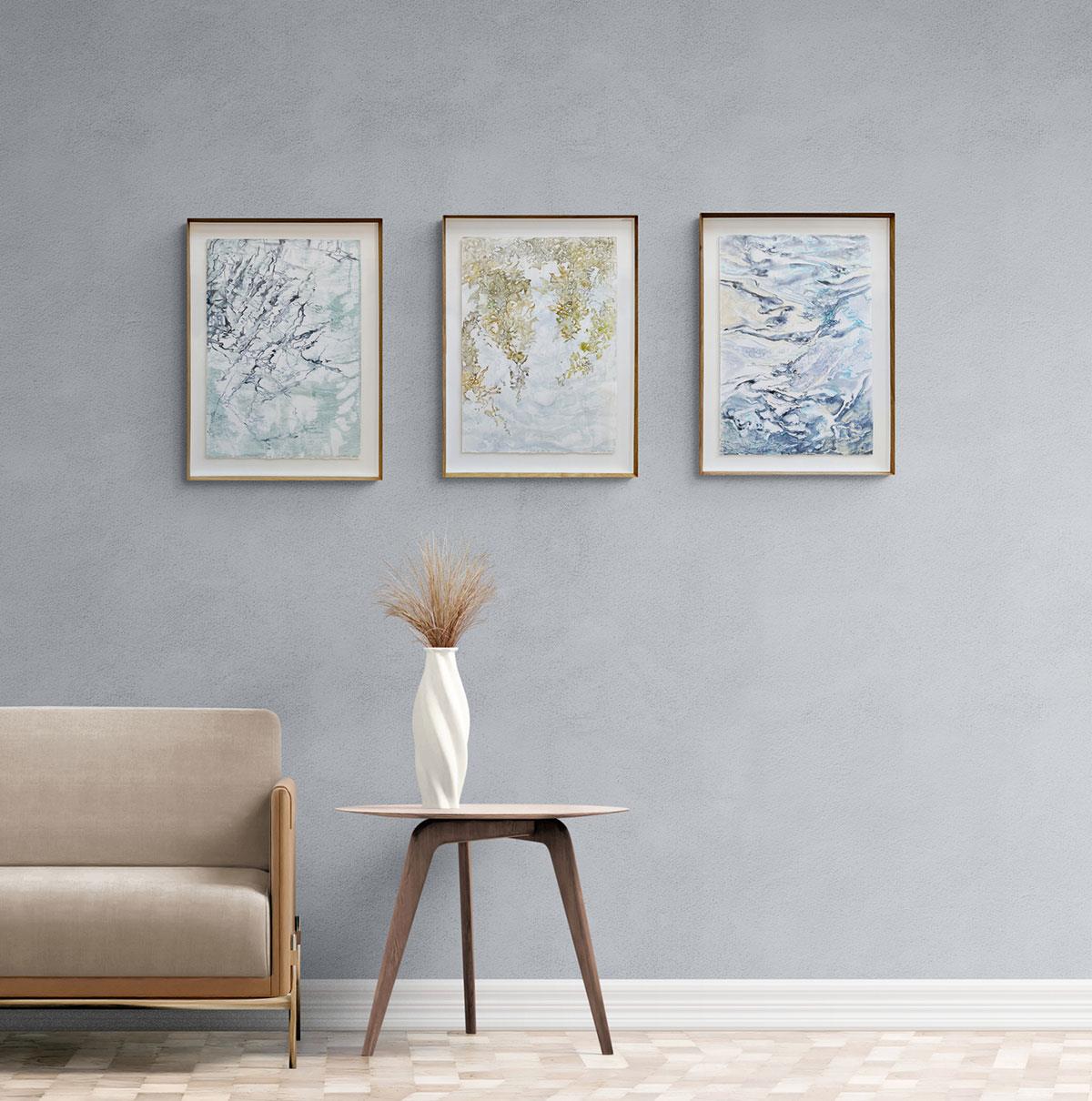 Framed abstract watercolour artwork on paper in shades of blue and yellow