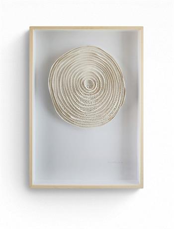 framed circular clay artwork inspired by tree rings