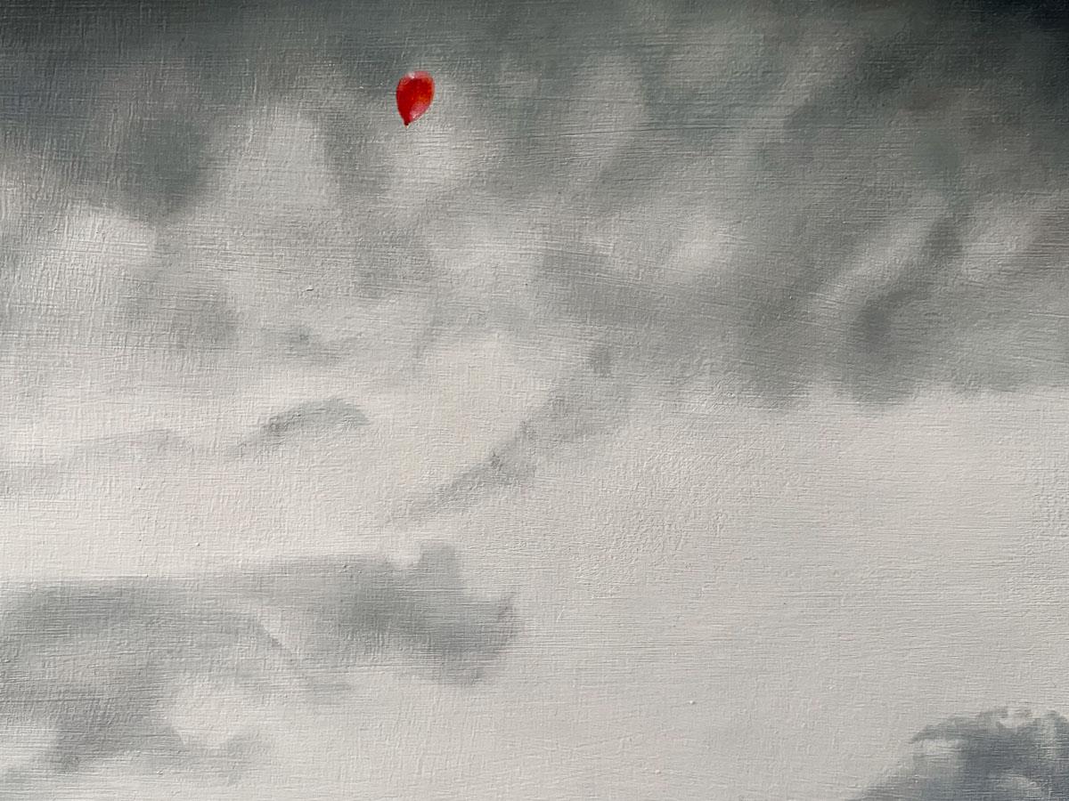 cloudscape painting with red balloon high in the sky