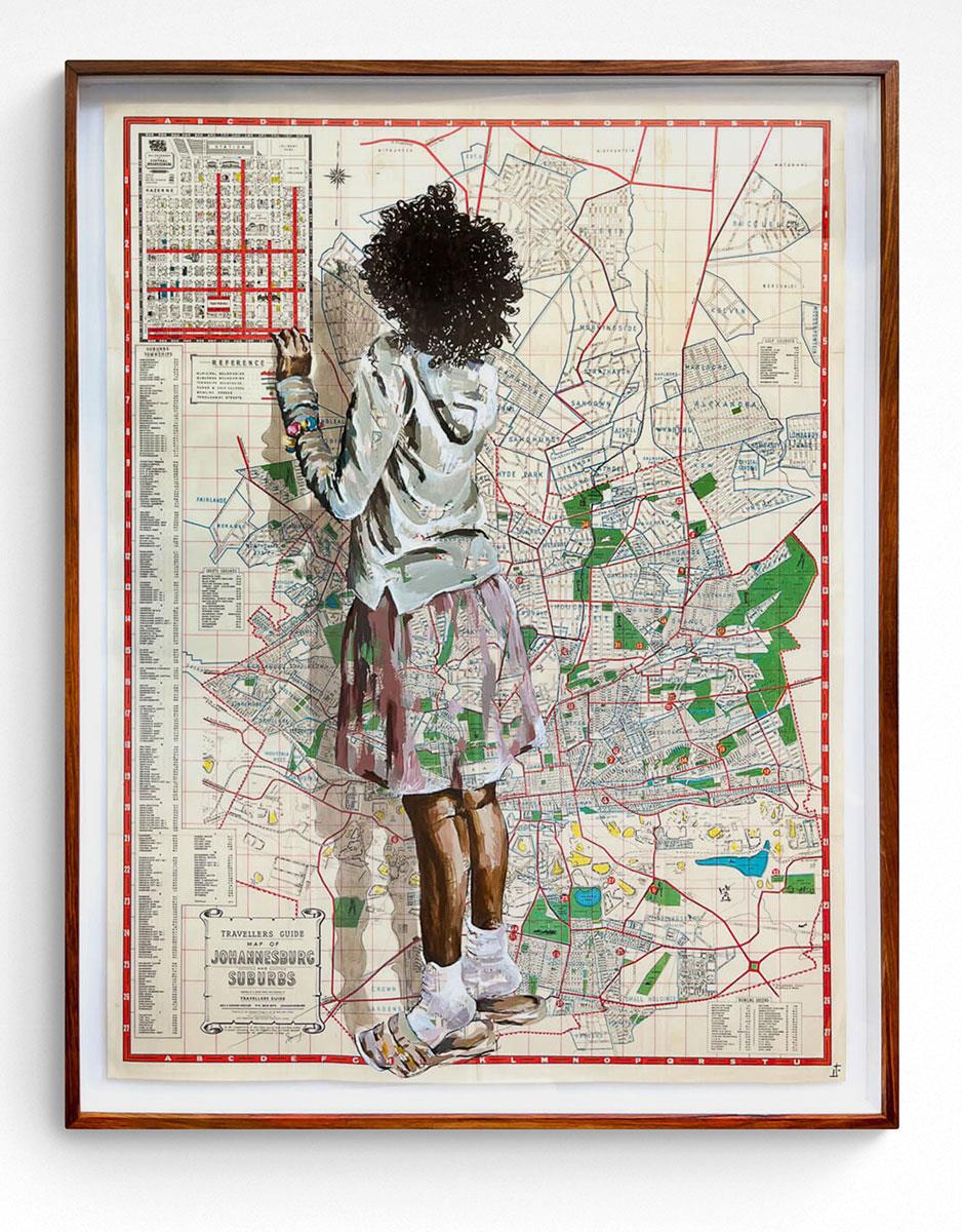 painting on old map of a young girl peeking into a tuck shop