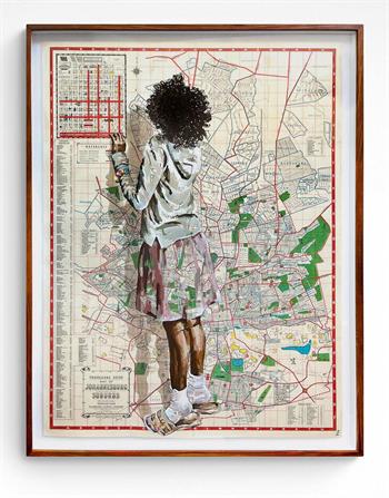painting on old map of a young girl peeking into a tuck shop