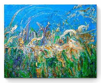 large abstract painting in blue and green impasto on canvas