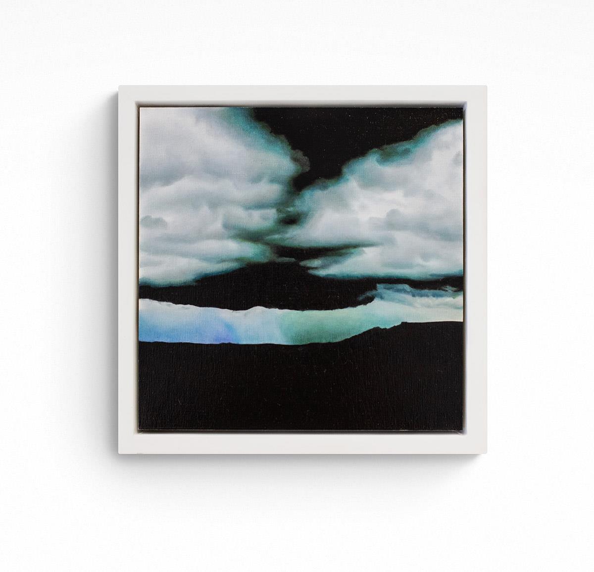 small framed oil painting of a heavy sky with rain