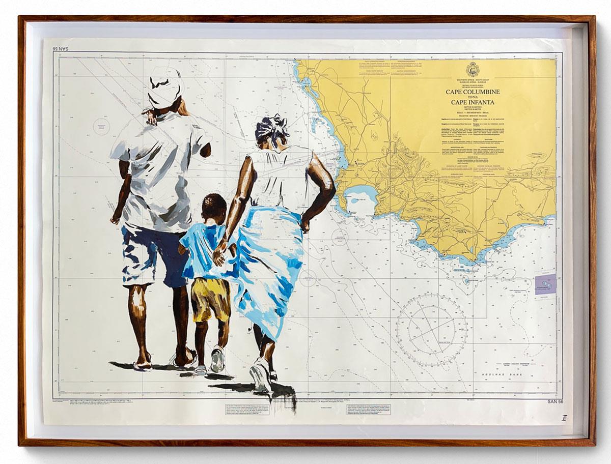 painting of an African family on a vintage map of Southern Africa
