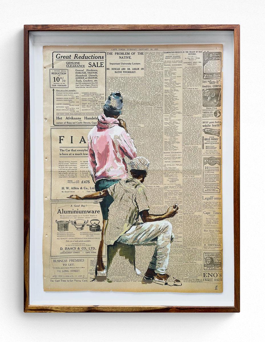 painting of two men on original Cape Times news sheet dated 1923