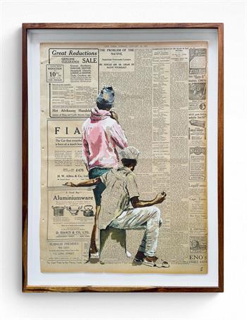 painting of two men on original Cape Times news sheet dated 1923