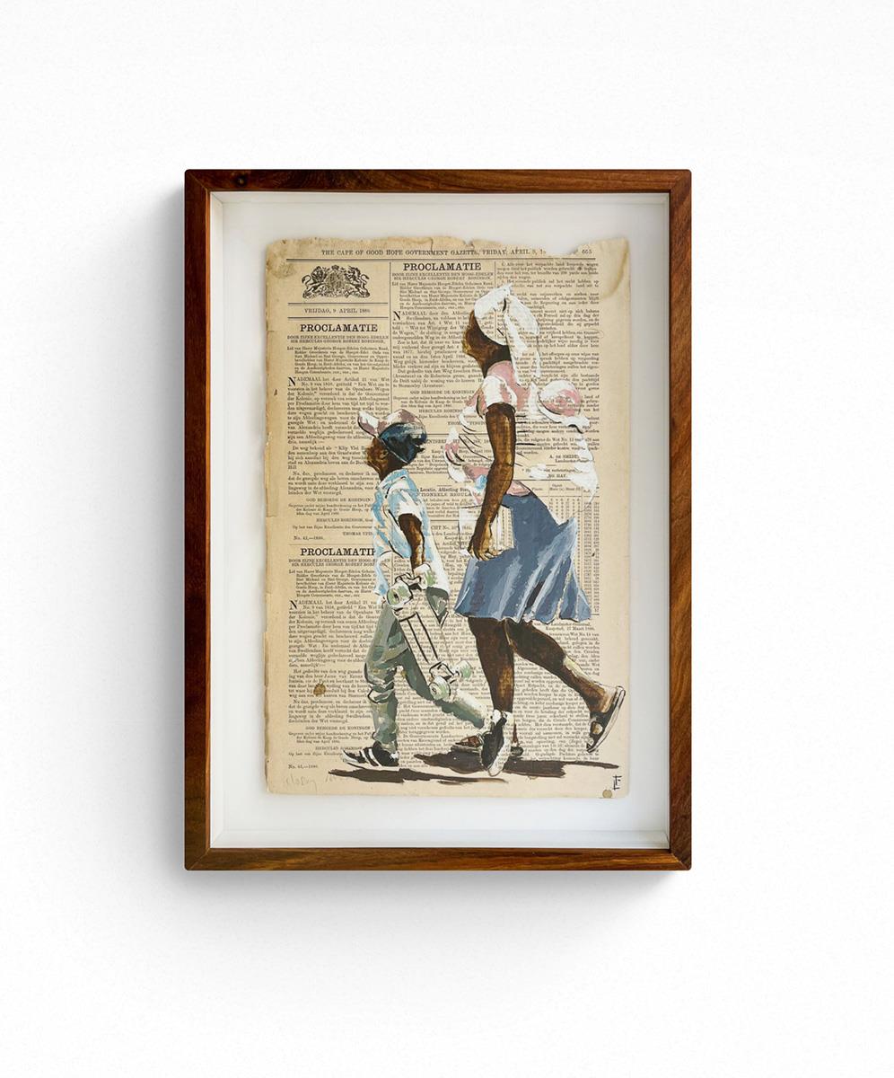 painting on vintage newspaper of a mother and boy carrying a skateboard