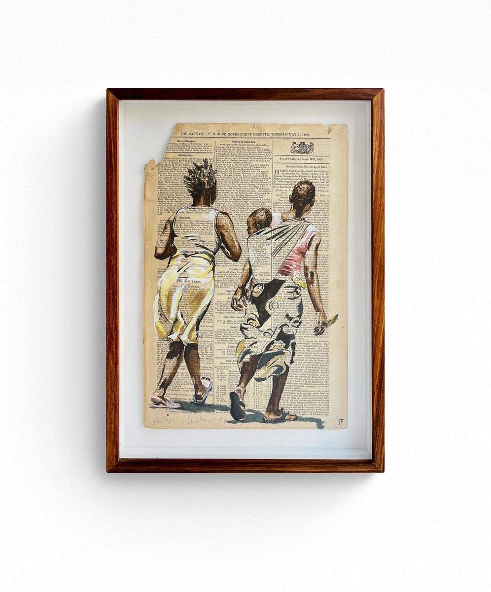 painting on 1860s newspaper of an African family