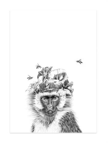 fine art pencil drawing of a monkey with a bird, bees and flowers