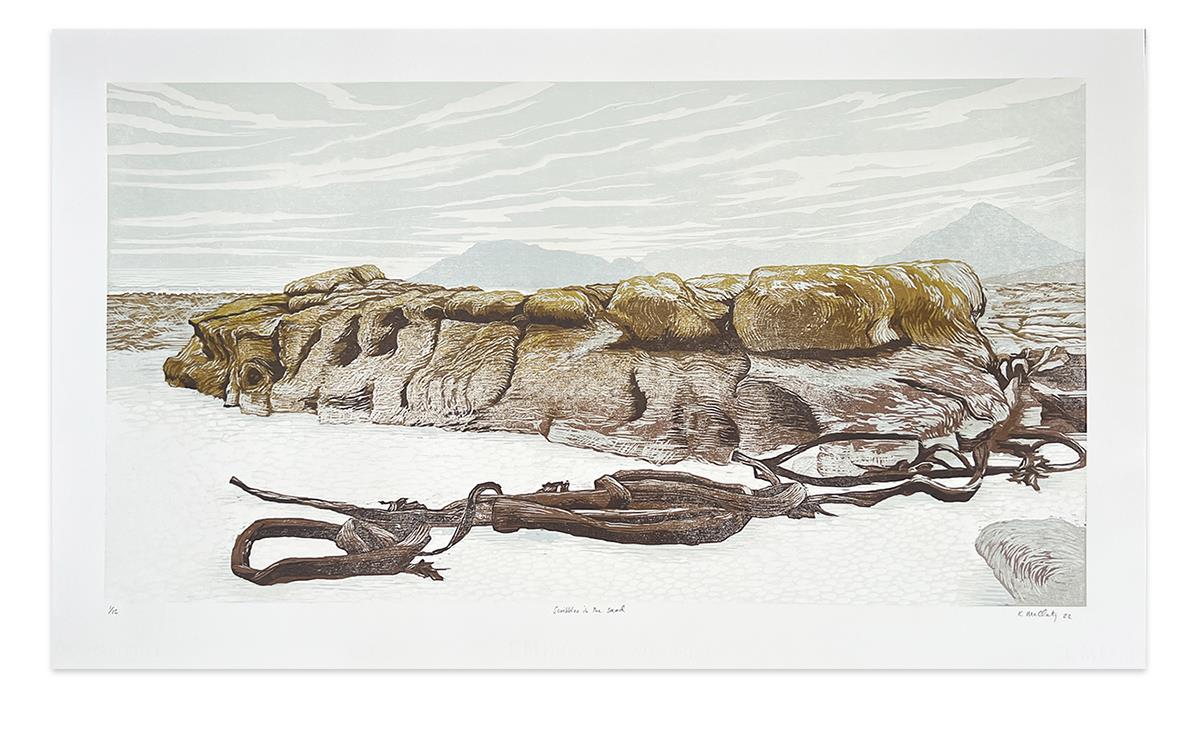 artwork on paper of seaweed and yellow rocks on the beach