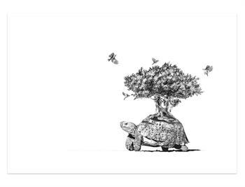 fine art pencil drawing of a tortoise with a tree on its back