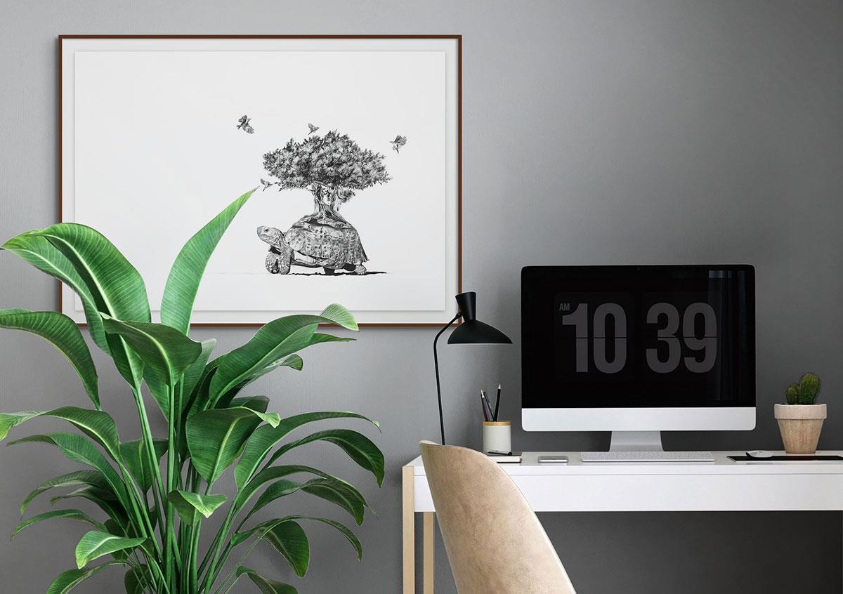 fine art pencil drawing of a tortoise with a tree on its back