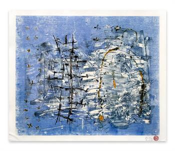 abstract monotype artwork on paper in shades of blue and grey