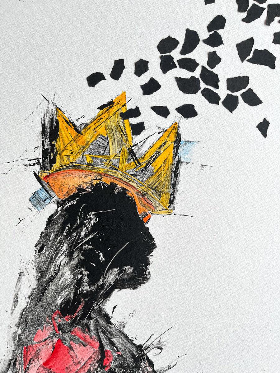 expressionistic artwork on paper of a woman wearing a crown