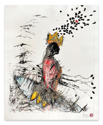 expressionistic artwork on paper of a woman wearing a crown