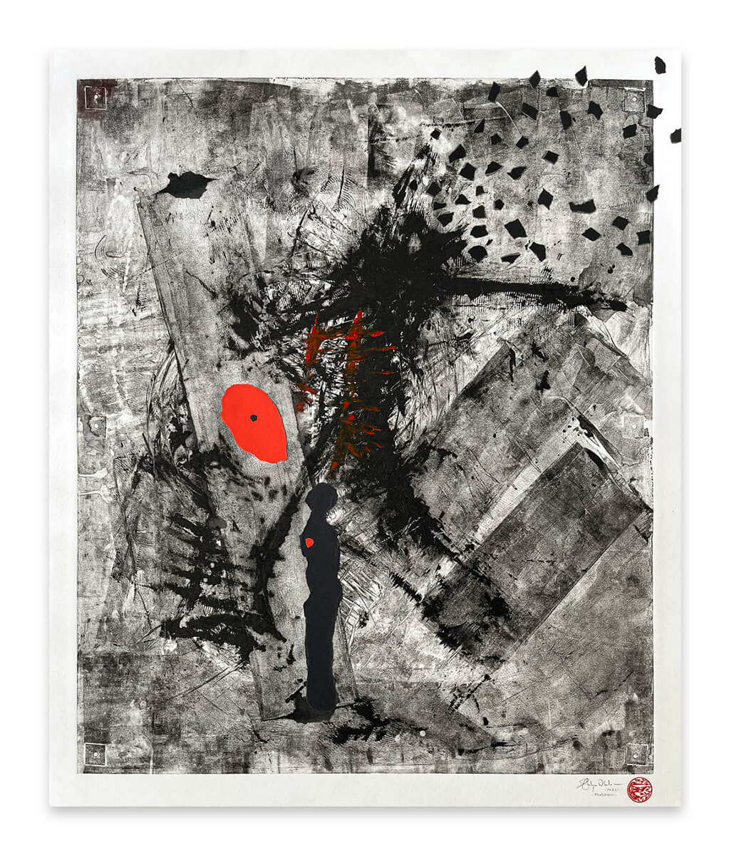 black, white and red contemporary abstract artwork on paper