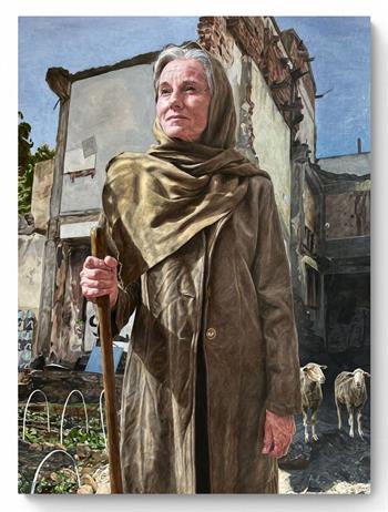 photorealistic oil painting of a shepherdess outside her farm