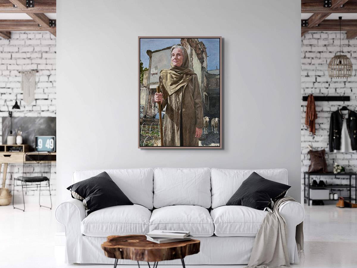 photorealistic oil painting of a shepherdess outside her farm