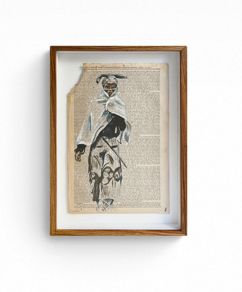 painting on sheet of 1860s Gazette of an African woman walking 