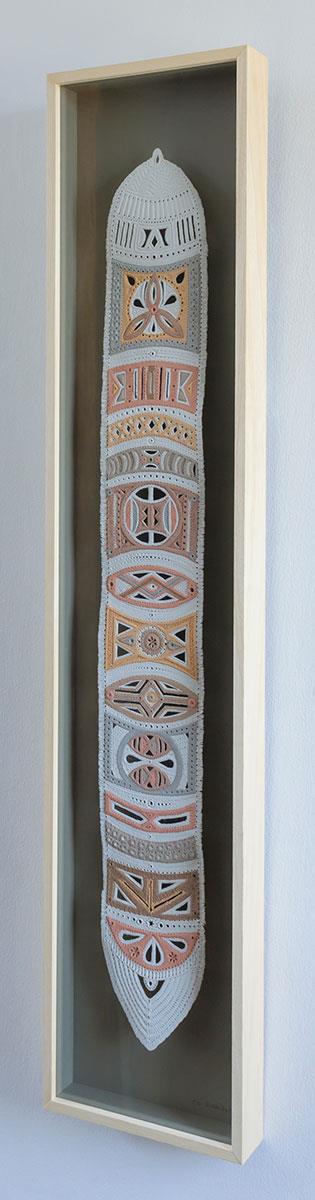 framed tribal wall sculpture in clay by Jo Roets