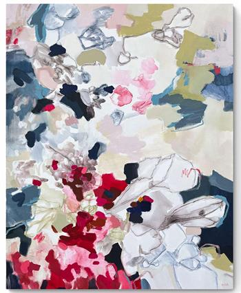 large abstract painting in shades of fuschia and blue 