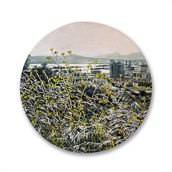 small round painting with embroidery of a view of Cape Town