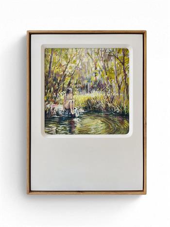 framed painting of a young woman seated on the river bank