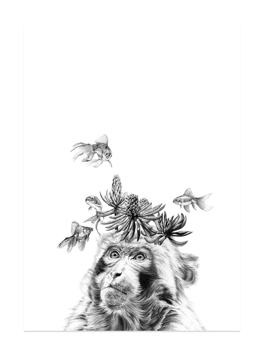 photorealist pencil artwork of a monkey with koi fish