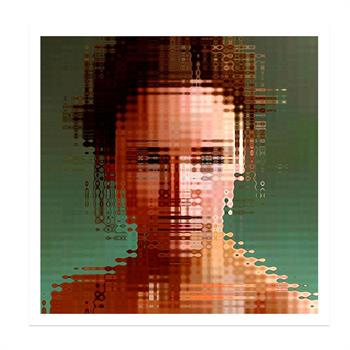 a digital portrait of a young woman's face against turquoise background