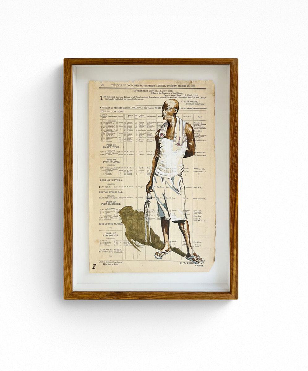 framed painting on sheet of ancient Gazette of an African man on the beach