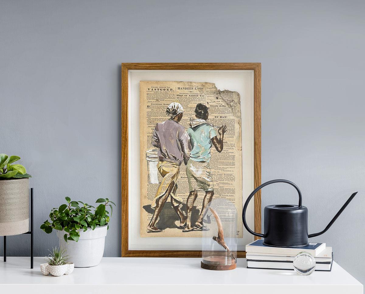painting on old newspaper of two African women walking in conversation