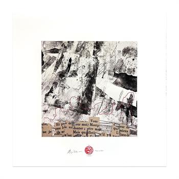 monochrome abstract art print on paper with stamped with red seal 