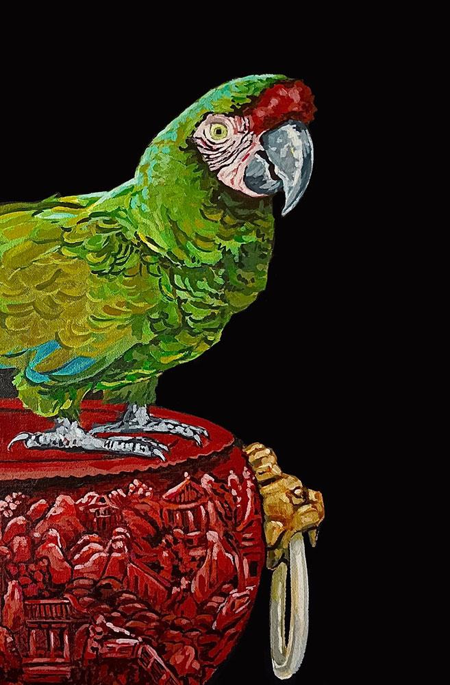 painting of a green parrot perched on a carved red stool