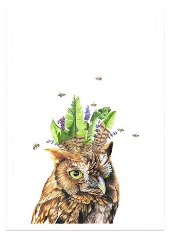 large scale realism drawing of an owl and bees