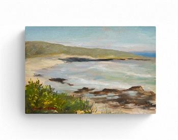 small oil painting of yellow flowers in a coastal landscape