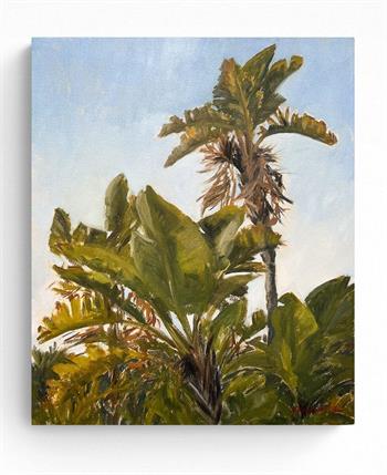 oil painting on canvas of banana trees against a blue sky